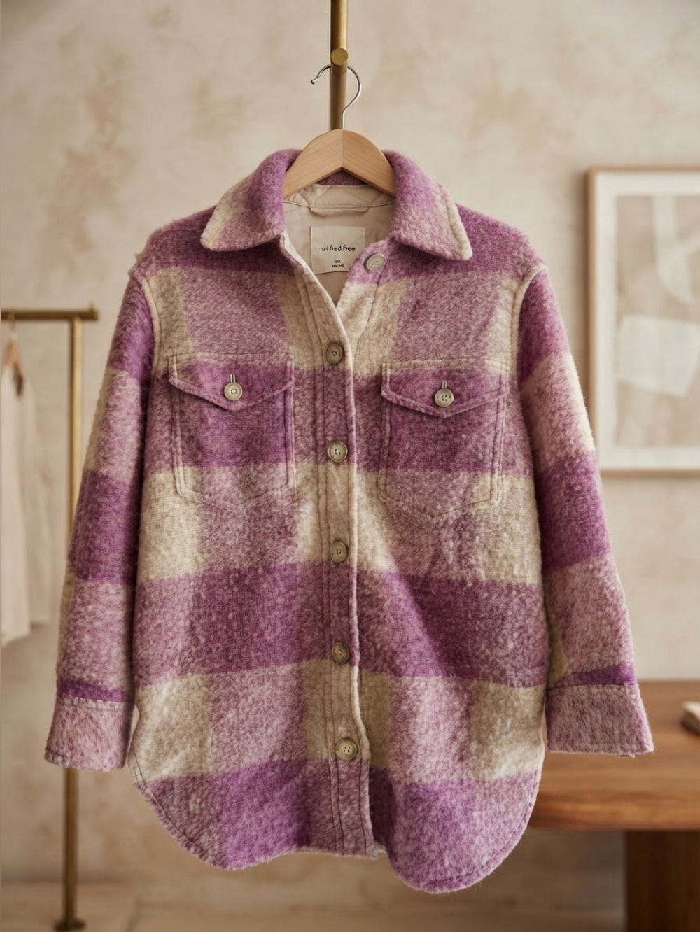 Aritzia Wilfred Free Ganna Plaid Wool Shirt Jacket Shacket Pink Cream 2XS